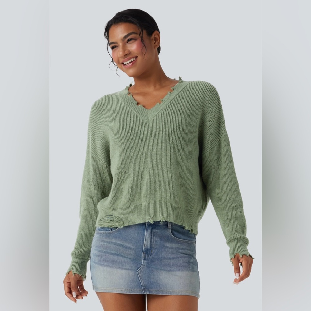 HALARA V-Neck Distressed Casual Sweater
